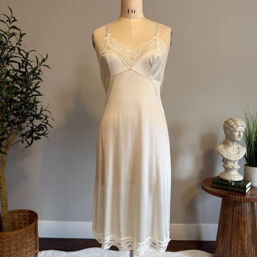 Ivory Satin Slip Nightgown Lace Trim V-Neck Adjustable Straps Lace Hem Coquette